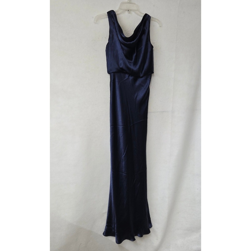 Jenny Yoo‎ Collection Navy Blue Satin Cowl Neck Maxi Dress Gown Womens 4 Formal